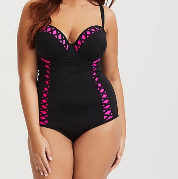 torrid Other - Black Lattice & Pink Peekaboo Push-Up Swimsuit